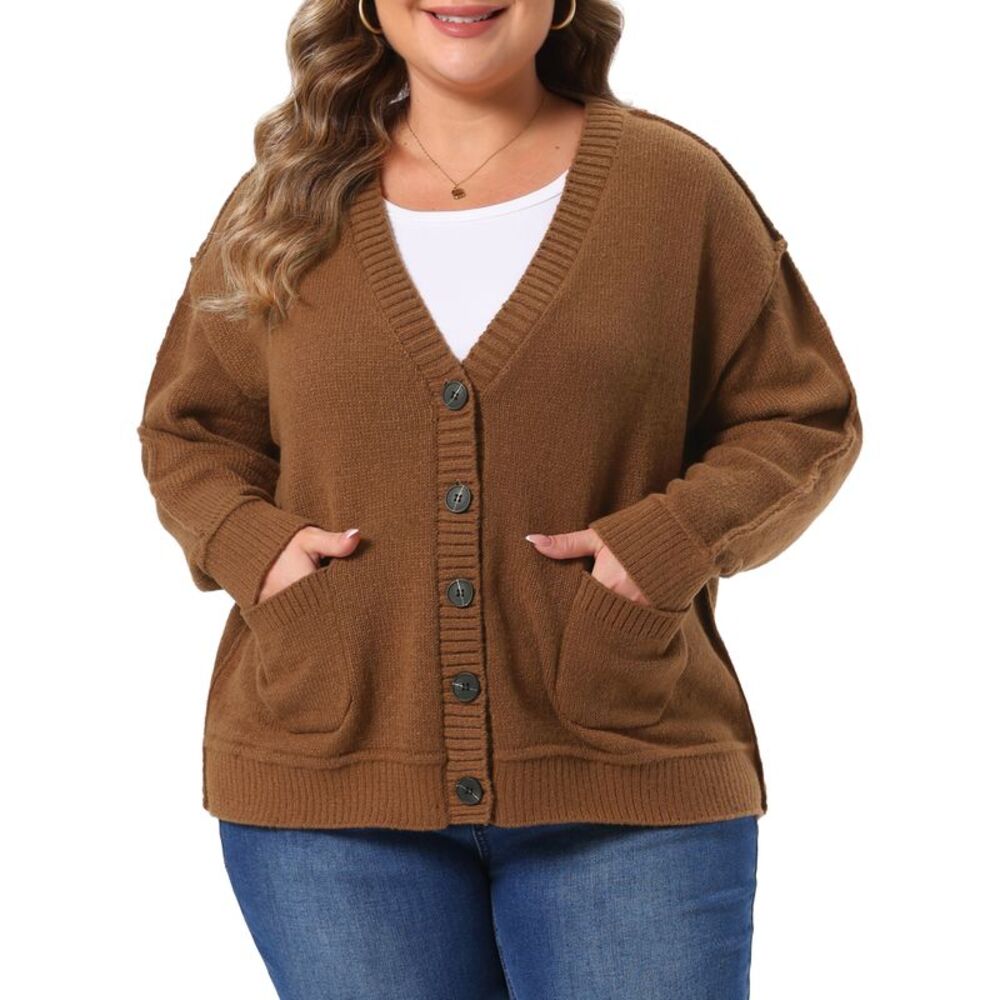 Women Plus Size Open Front Button Winter Sweater Cardigans Dark Brown